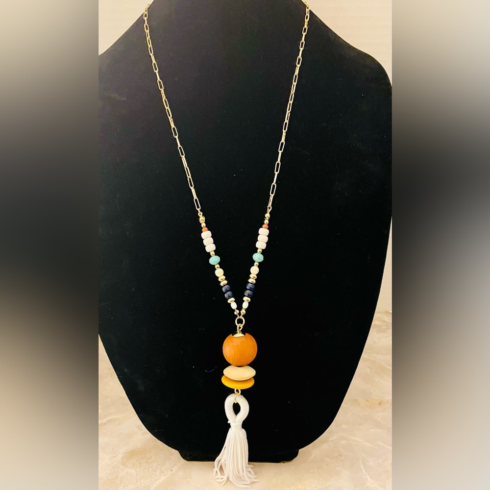 Ann Taylor Factory wood pendant with long tassel on a beaded paper clip chain. - Picture 3 of 6